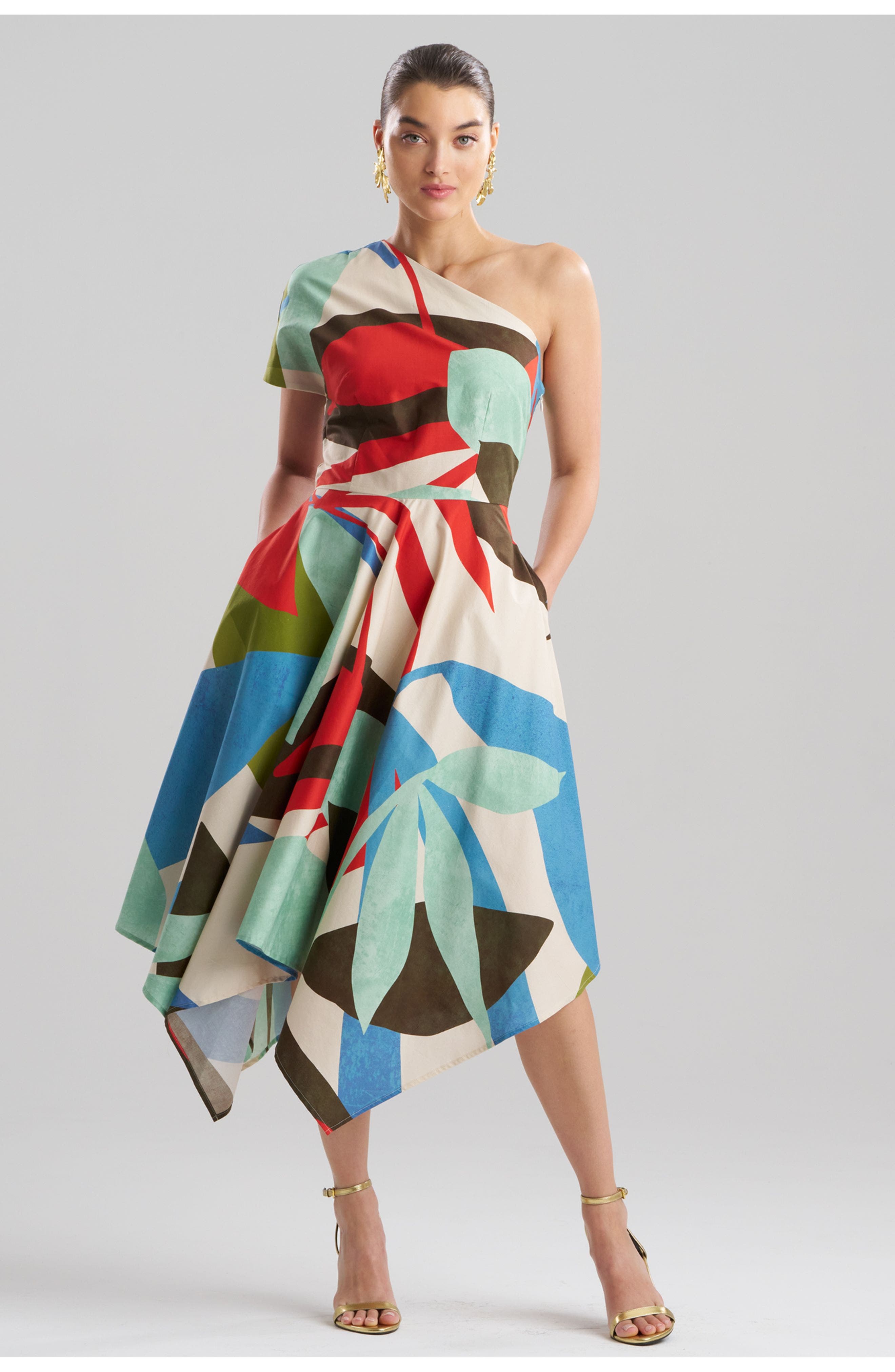 Abstract Palm Cotton Poplin One Shoulder Handkerchief Hem Dress