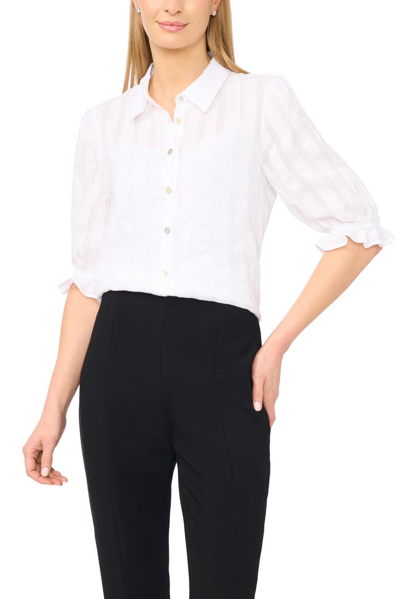 Sheer Stripe Puff Sleeve Button-Up Shirt, Main, color, BRIGHT WHITE