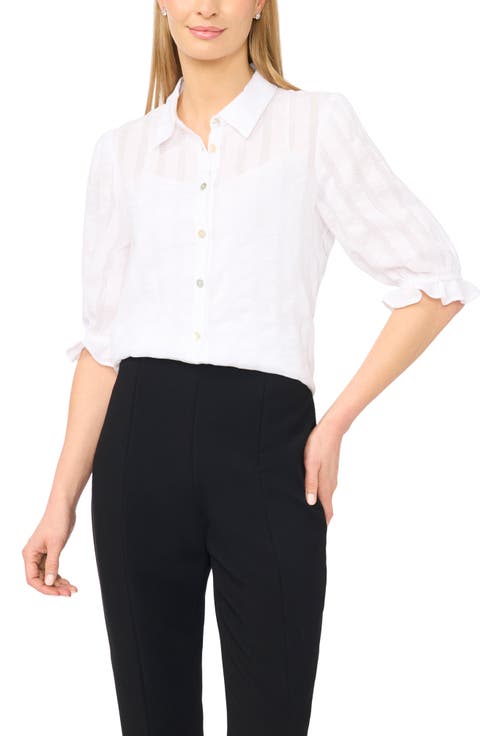 Sheer Stripe Puff Sleeve Button-Up Shirt