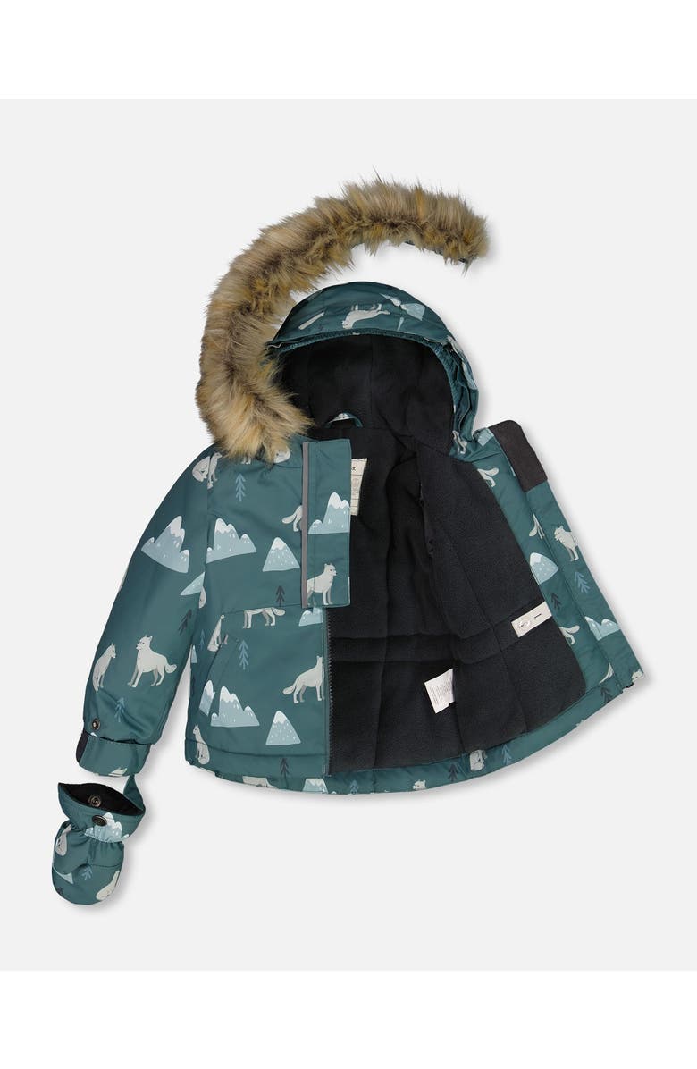 Deux par Deux Baby Boy's Two Piece Baby Snowsuit Sage Printed Wolves And Dark Grey, Alternate, color,