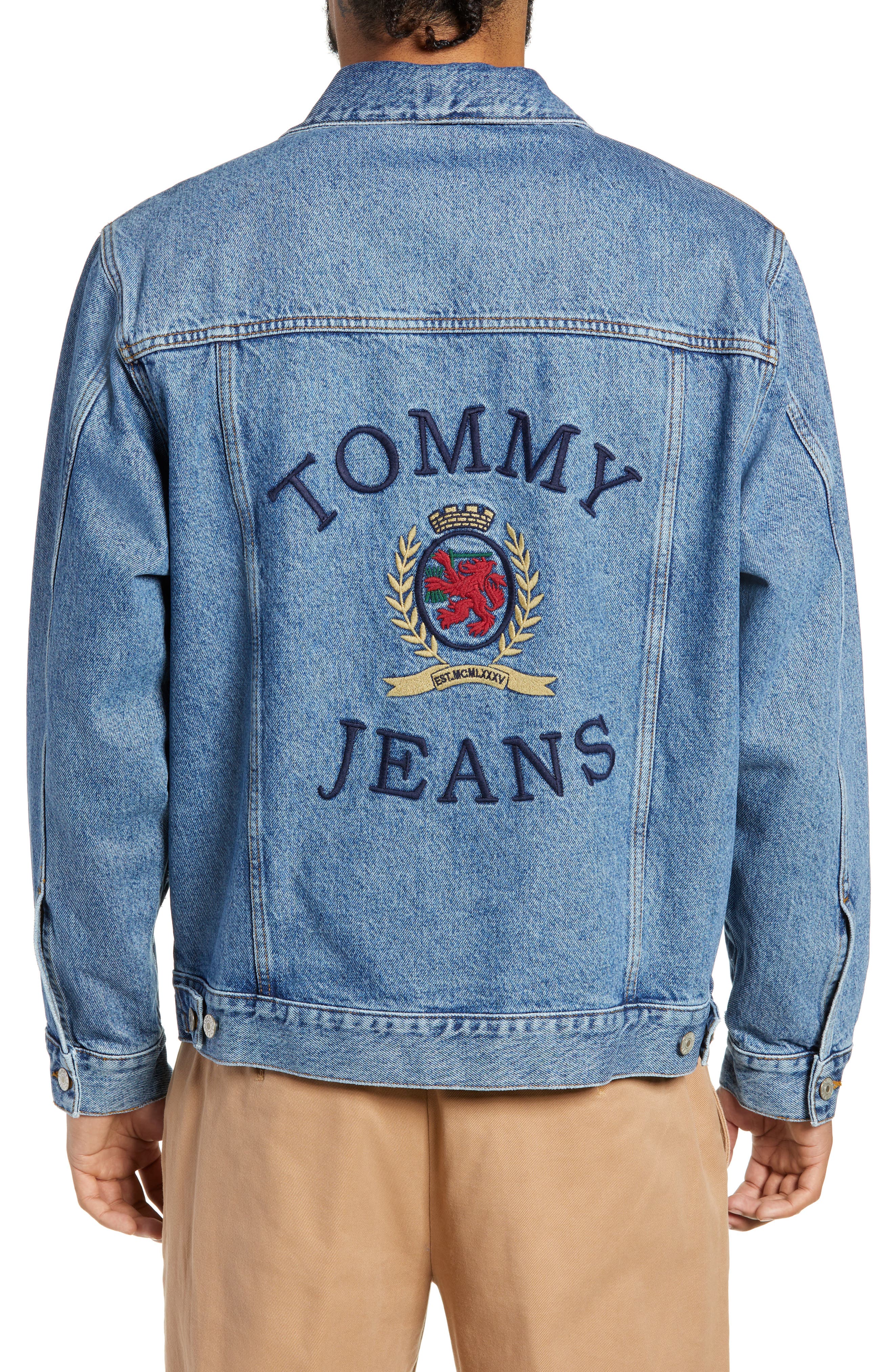 TOMMY JEANS Embroidered Crest Flag Denim Jacket (Men) | Nordstrom
