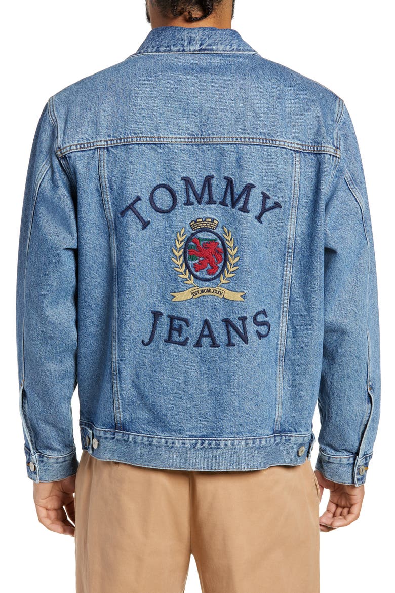 Embroidered Crest Flag Denim Jacket, Alternate, color, MID DENIM BLUE