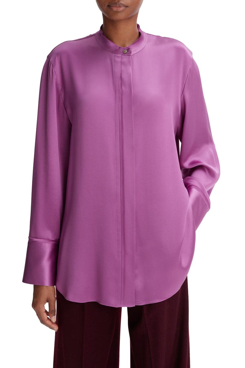 Raw Edge Silk Button-Up Blouse, Main, color, DEW BERRY