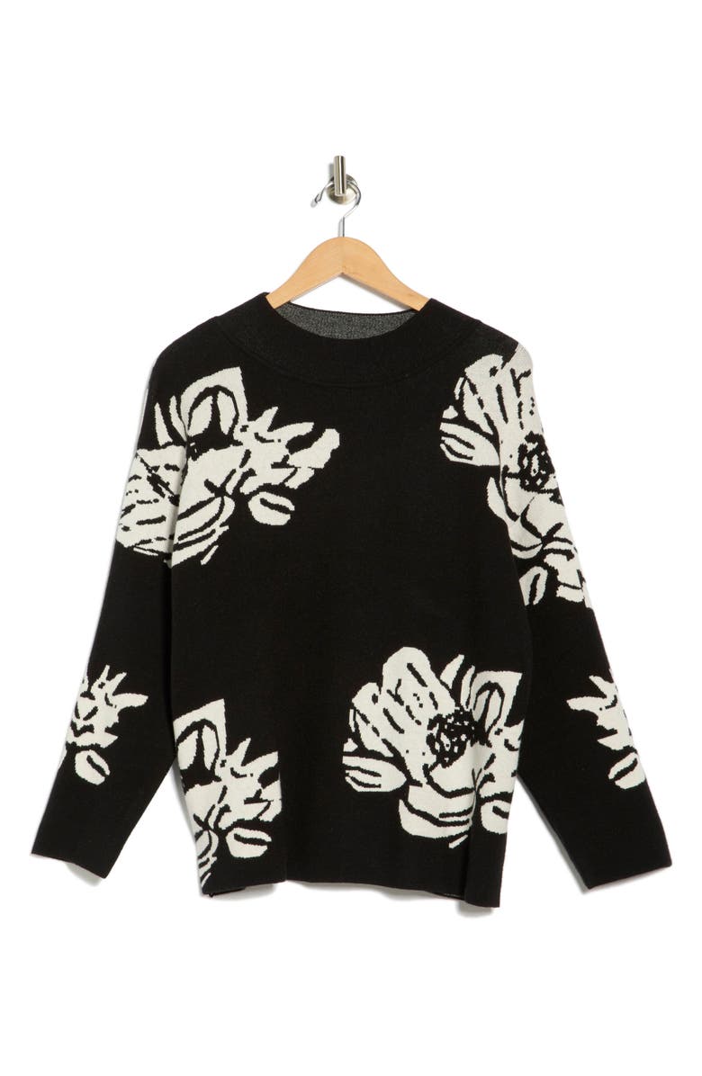 T Tahari Floral Mock Neck Sweater, Alternate, color, Black W/ White Floral