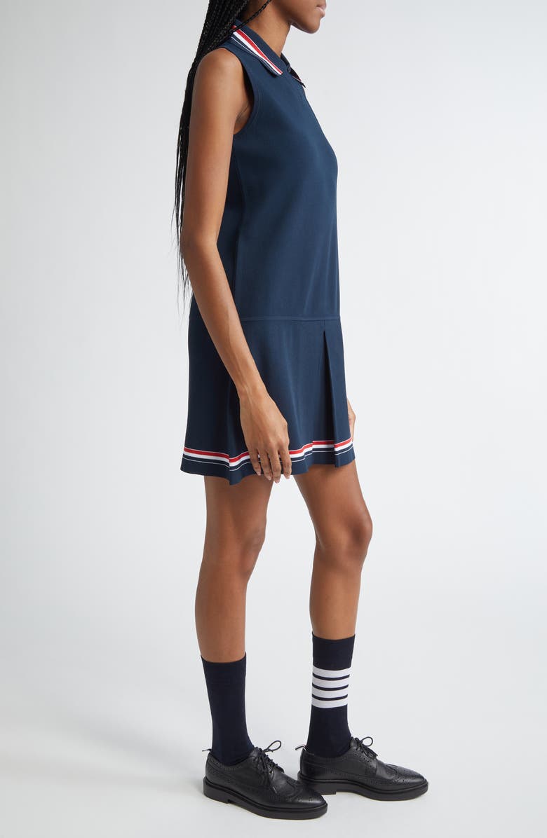 Thom Browne Pleated Skirt Sleeveless Polo Dress, Alternate, color, Navy