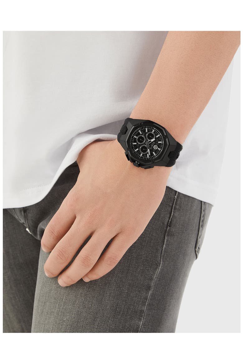 Octagon Silicone Strap Chronograph Watch, 44mm, Alternate, color, BLACK