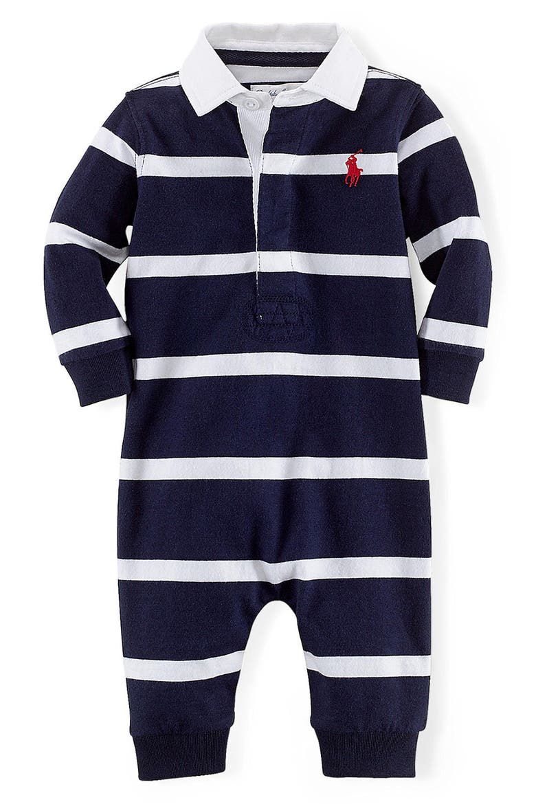 Rugby Stripe Romper, Main, color, FRENCH NAVY