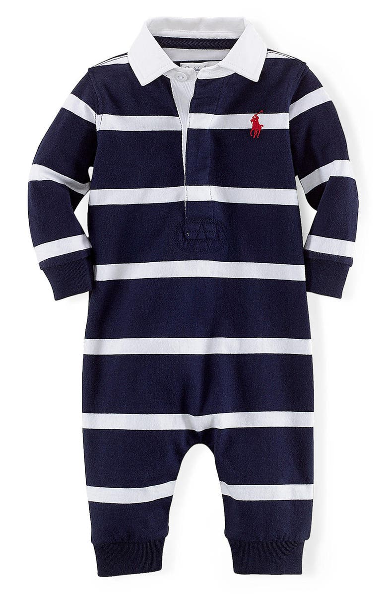 Ralph Lauren Rugby Stripe Romper, Main, color, French Navy