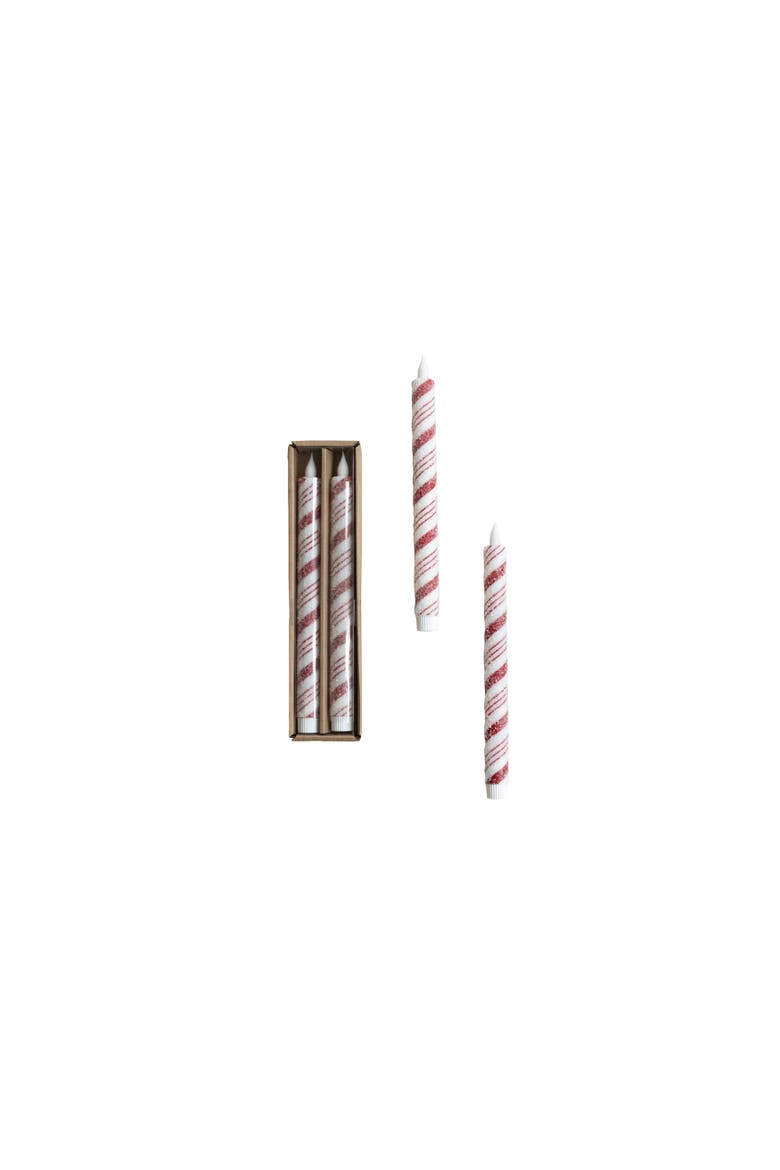 2-Piece Flameless LED Taper Candles with Candy Cane Stripes and 6 Hour Timer in Box, Main, color, Red and White