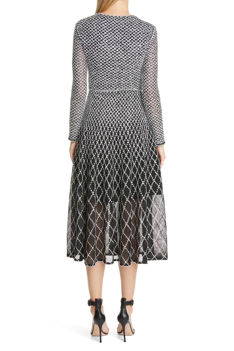 ST. JOHN Long Sleeve Diamond Knit Fit & Flare Midi Dress, Alternate, color, CAVIAR/ WHITE/ SILVER METALLIC
