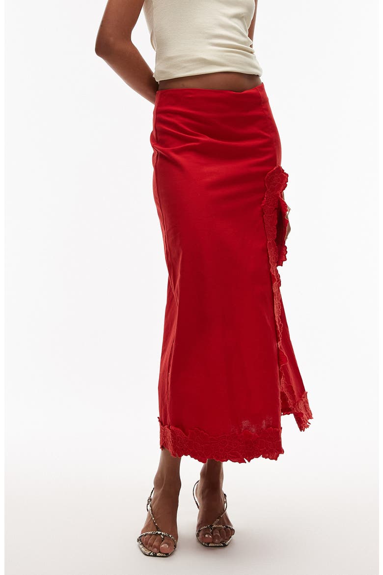 Floral Embroidered Cotton Midi Skirt, Main, color, RED
