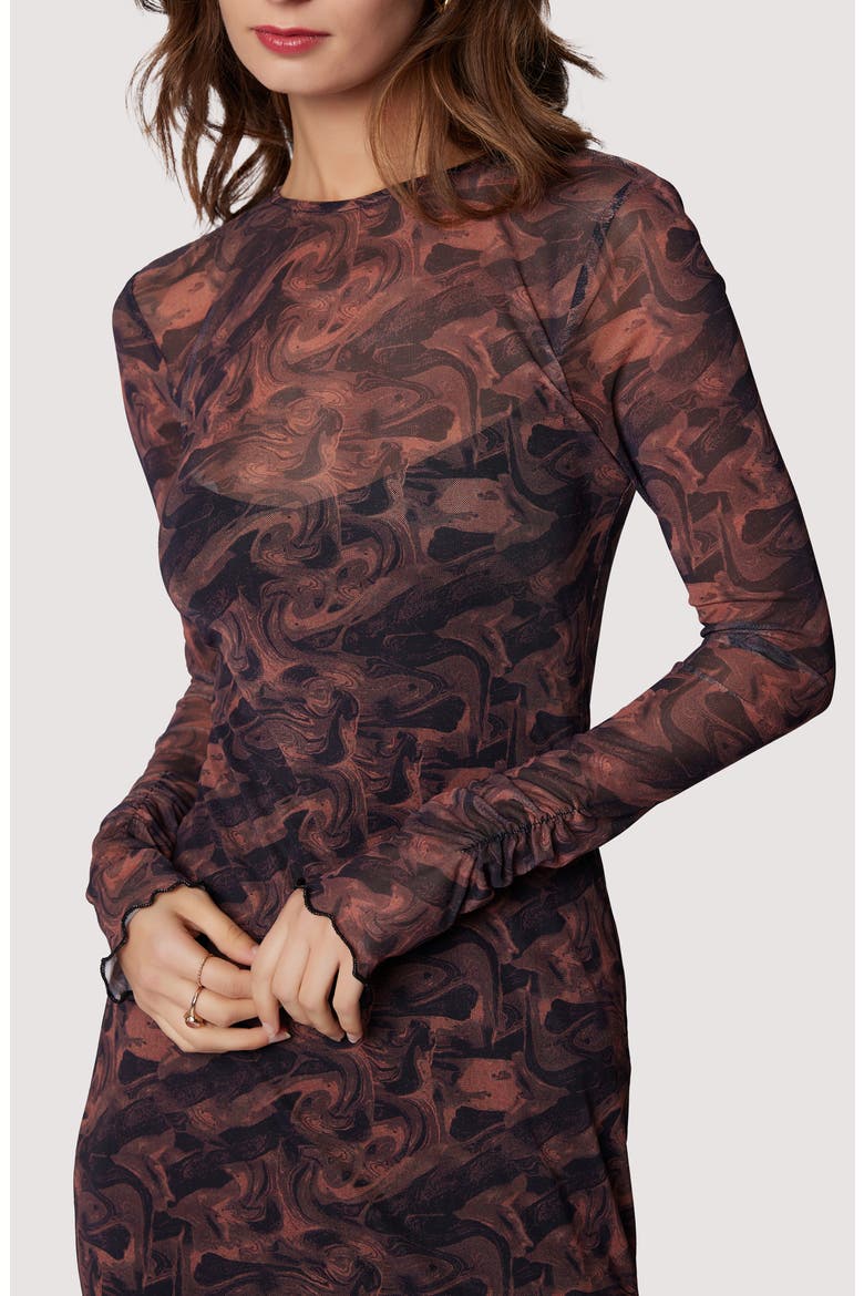 Contessa Long Sleeve Mesh Midi Dress, Alternate, color, COPPER BLACK