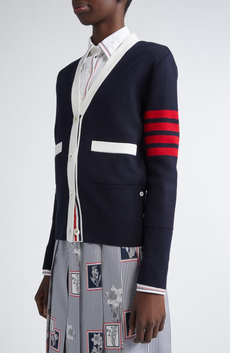 Thom Browne 4-Bar Contrast Trim Cotton Cardigan, Alternate, color, Navy