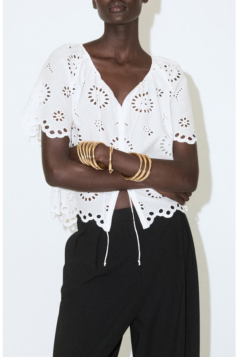 Openwork Embroidered Cotton Button-Up Top, Main, color, OFF WHITE