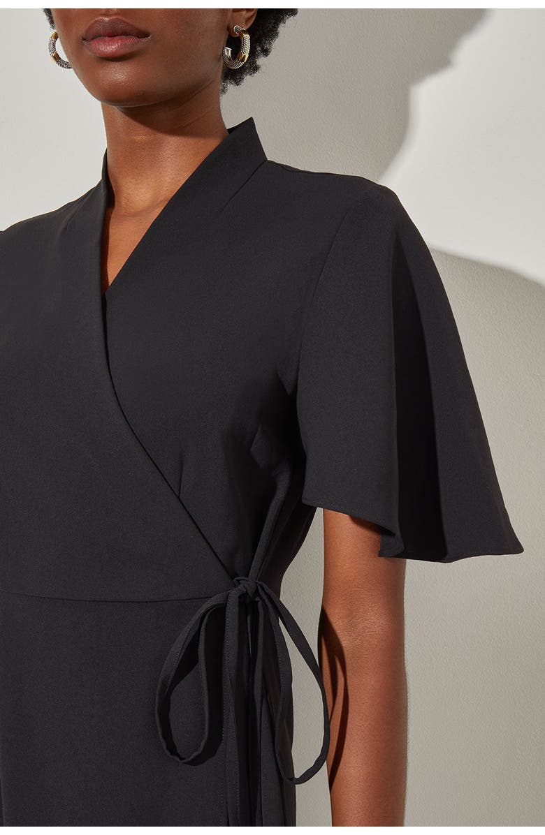 Ming Wang Butterfly Sleeve Crepe de Chine Wrap Dress, Alternate, color, Black