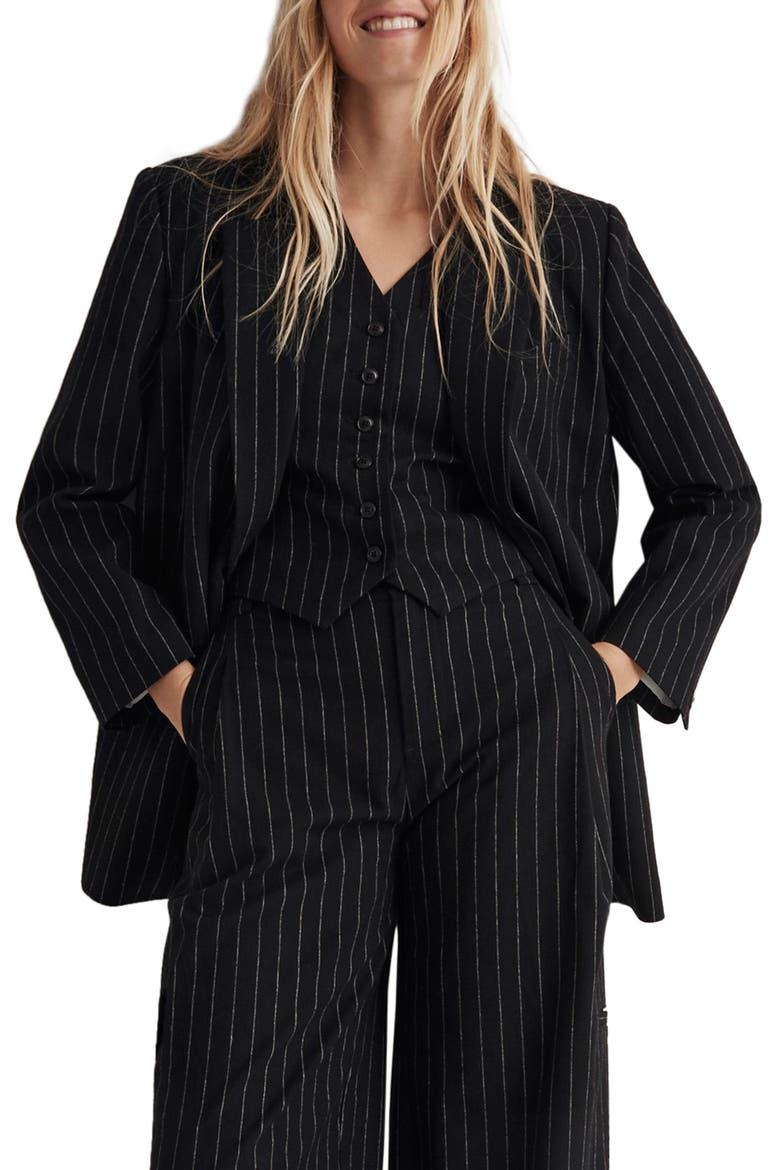 Metallic Pinstripe Wool Blend Blazer, Main, color, ALMOST BLACK