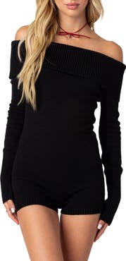 EDIKTED Pandorah Long Sleeve Off the Shoulder Knit Romper