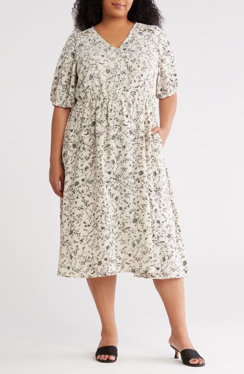 Ruffle Yoke Short Sleeve Midi Dress (Plus)
