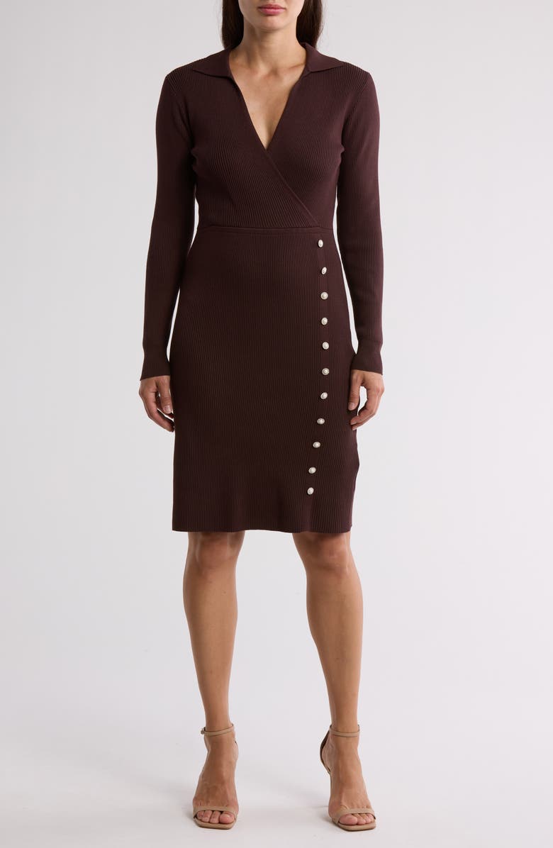 Nanette Lepore Long Sleeve Faux Wrap Sweater Dress, Main, color, Bitter Chocolate