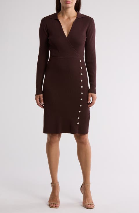 Long Sleeve Faux Wrap Sweater Dress