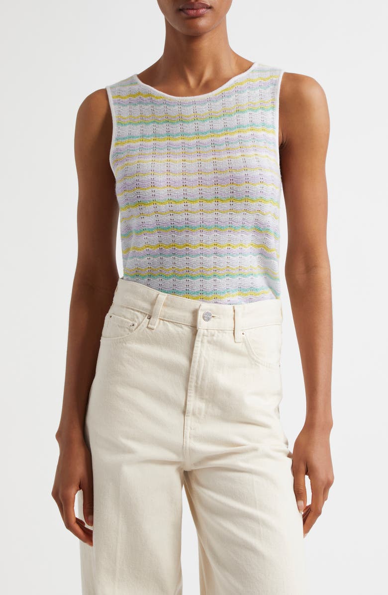 MARGARET O'LEARY Chevron Stripe Pointelle Cashmere & Linen Sleeveless Sweater, Main, color, 
