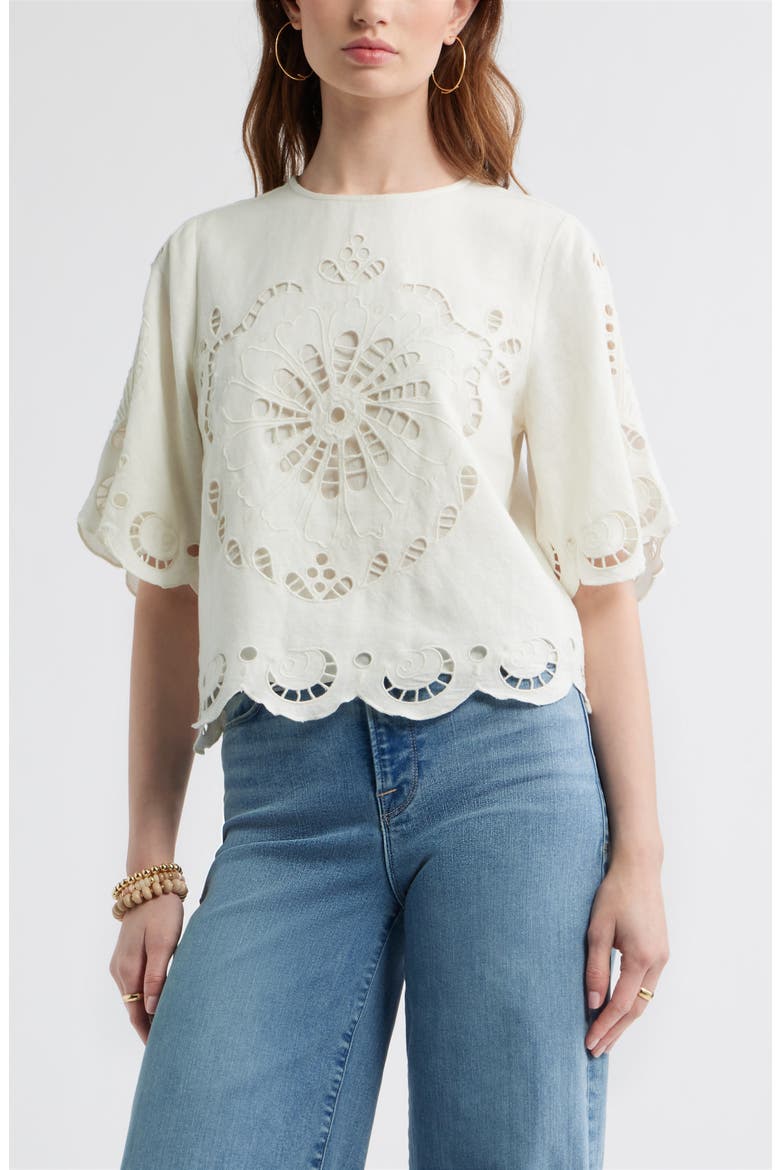 Eyelet Linen Blend Top, Main, color, IVORY EGRET