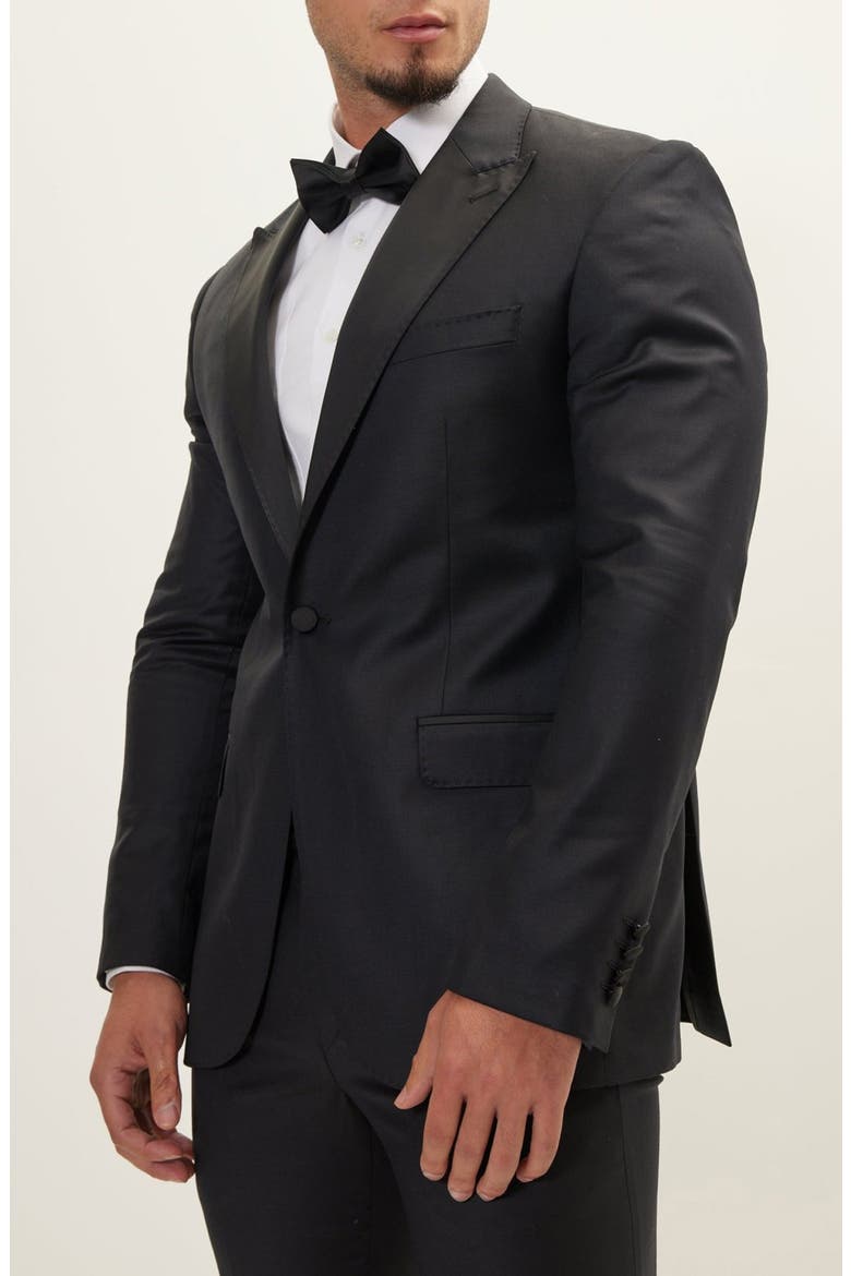 Trim Fit Peak Lapel Wool & Silk Tuxedo, Alternate, color, BLACK