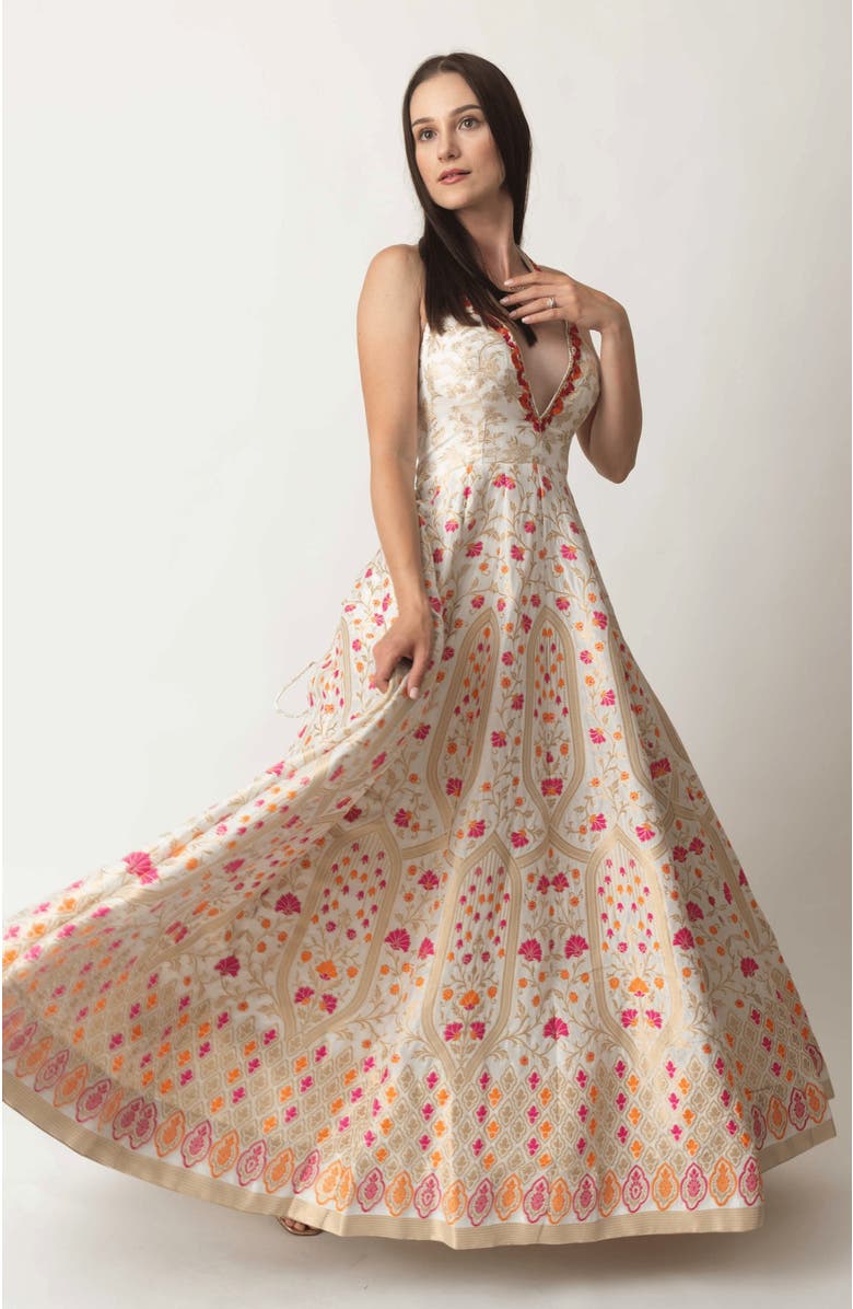 RAAS Selina Embroidered Silk Jacquard Gown, Main, color, White