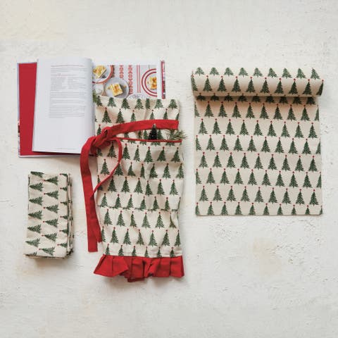 Stonewashed Cotton Printed Table Runner with Christmas Tree Pattern