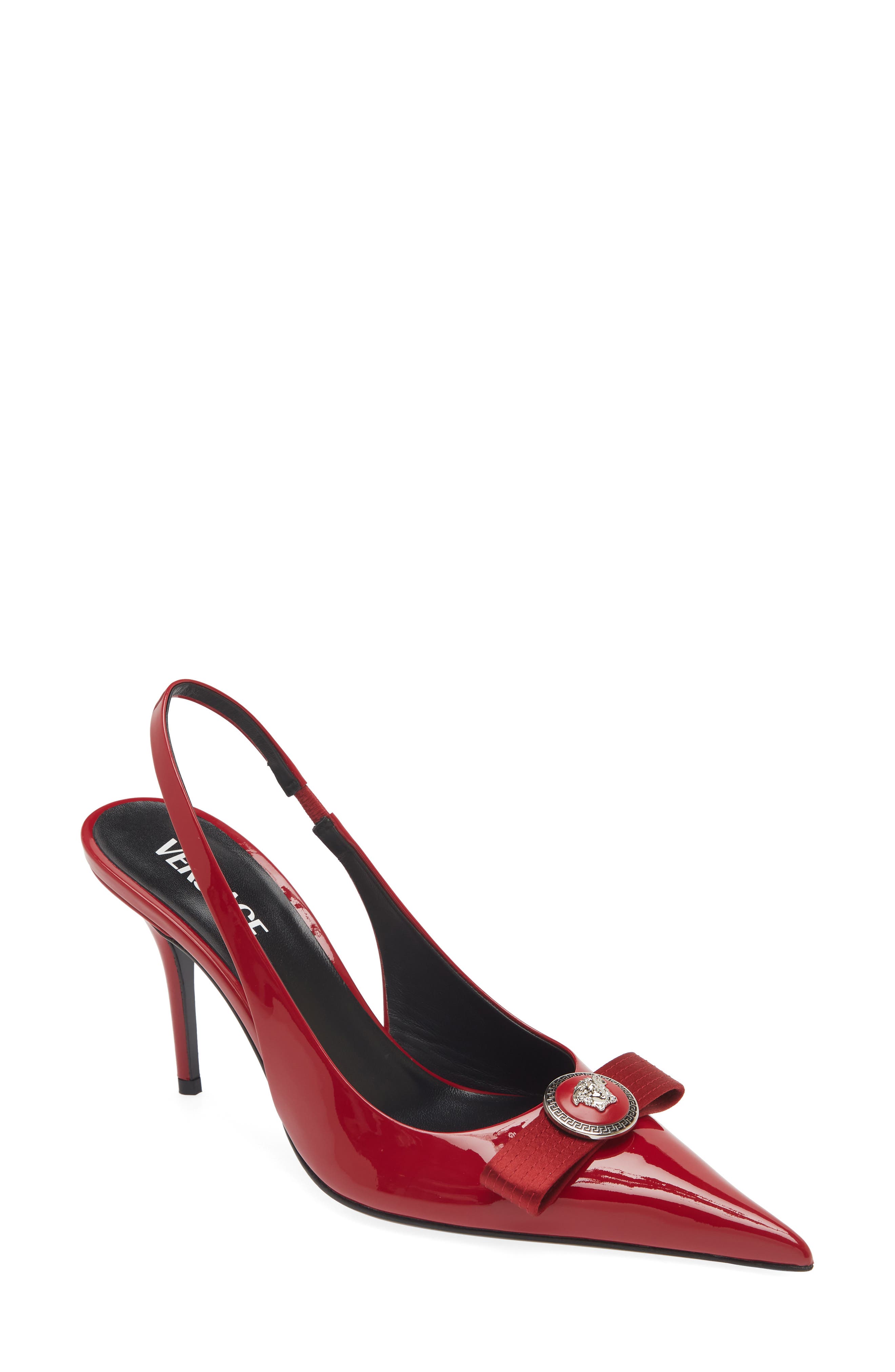 Versace Medusa Bow Pointed Toe Slingback Pump, Main, color, Lipstick Red-Palladium
