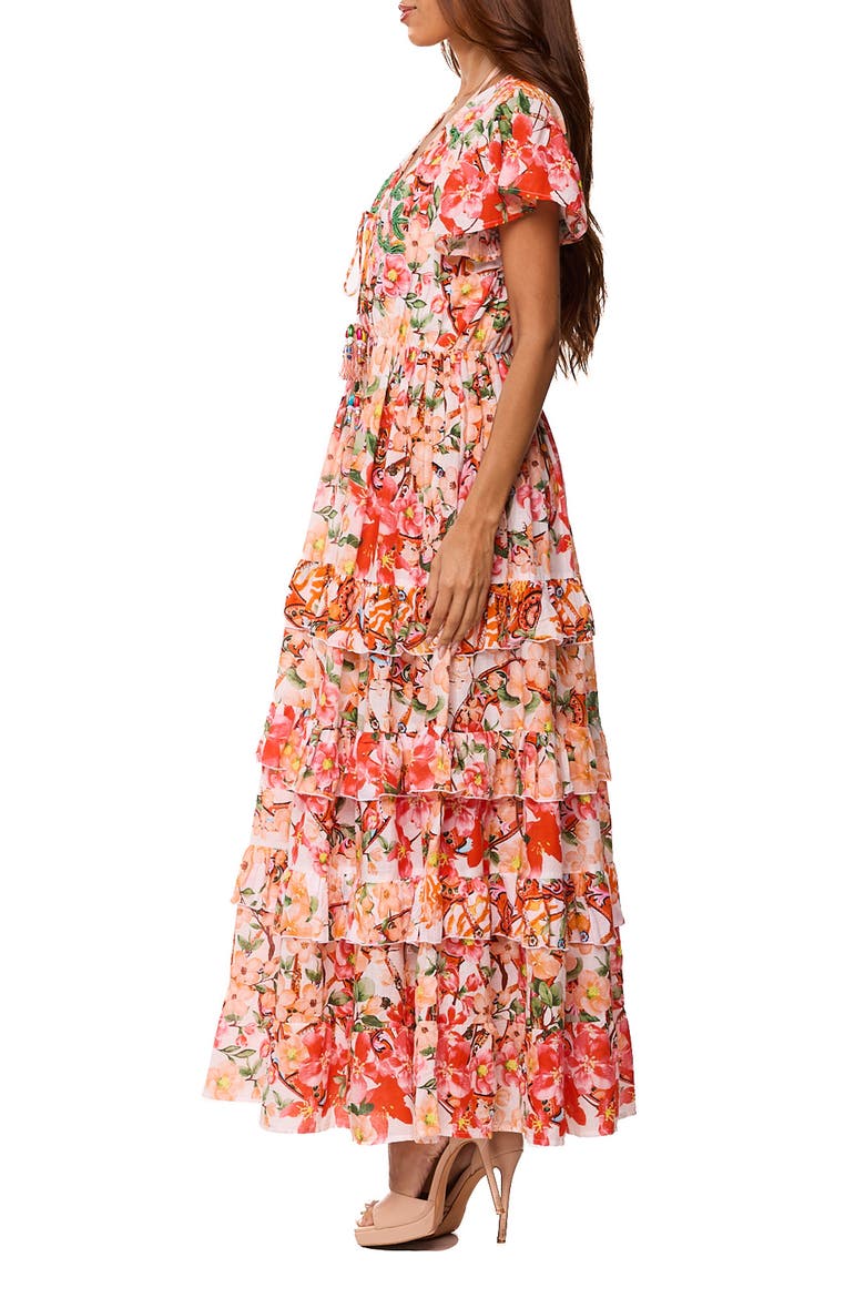 Floral Cap Sleeve Tiered Ruffle Maxi Dress, Alternate, color, ORANGE