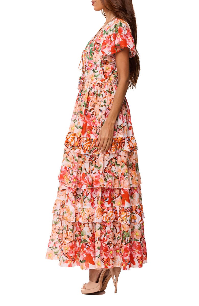 RANEES Floral Cap Sleeve Tiered Ruffle Maxi Dress, Alternate, color, Orange