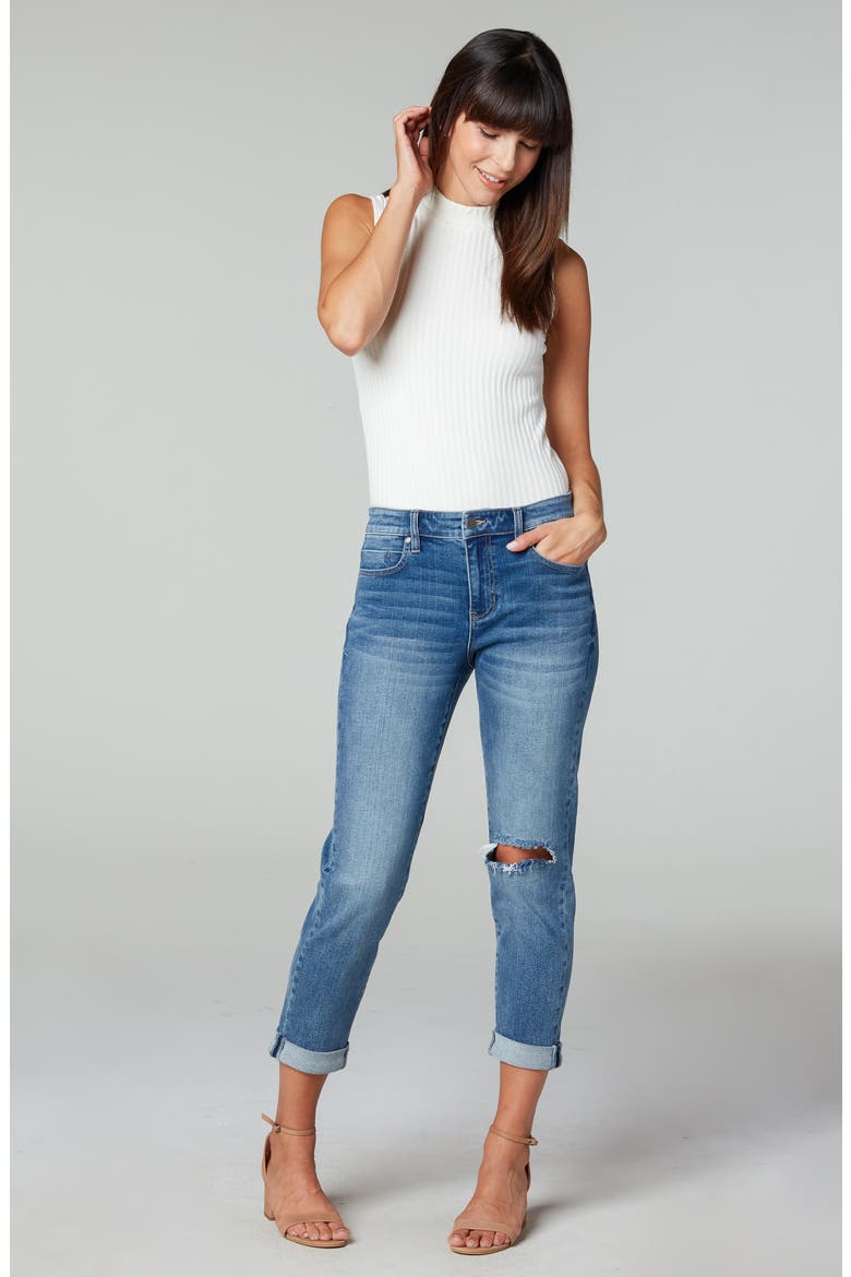 Ripped Cuffed High Waist Girlfriend Jeans, Alternate, color, ERIN