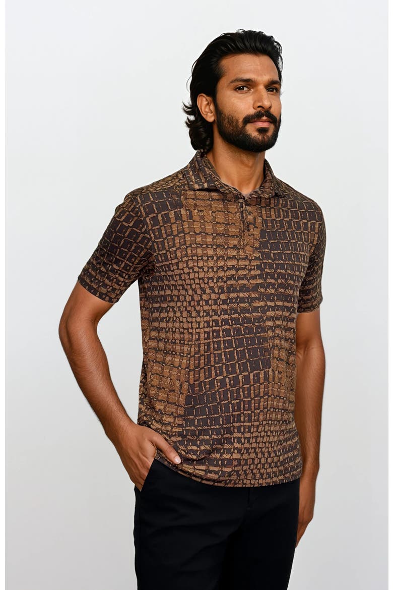 Wrinkle Resistant 3 Button Alligator Print Polo Shirt, Alternate, color, Brown Multi