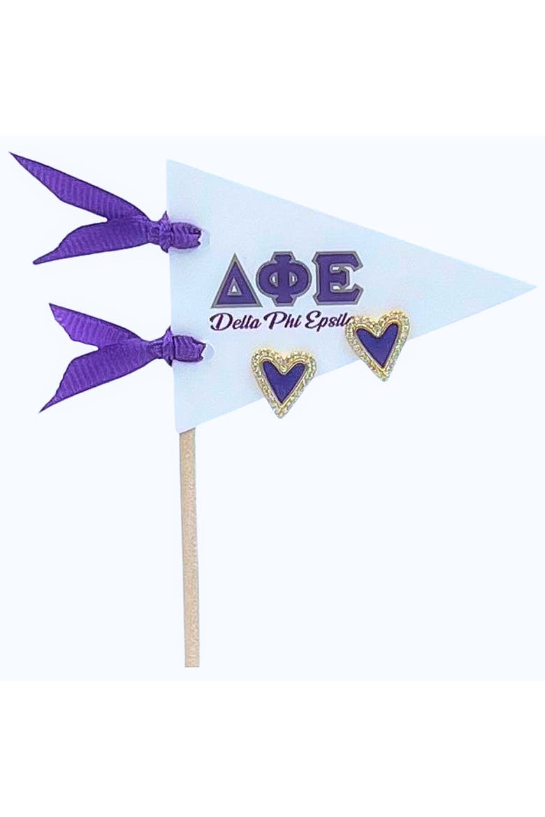 Delta Phi Epsilon Heart Stud Enamel Earrings on Sorority Pennant Flag, Main, color, Yellow Gold