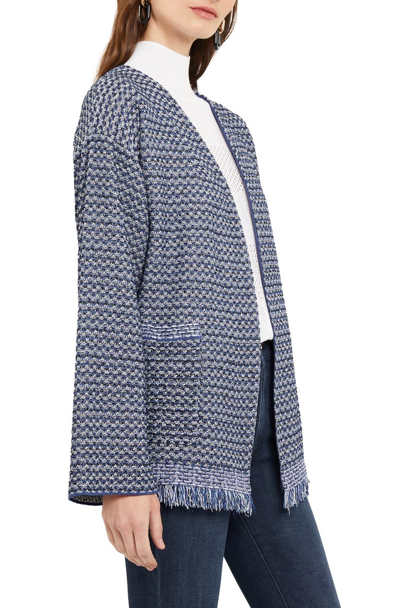 Misook Fringe Tie Waist Cardigan, Alternate, color, Oceanic/White/Black