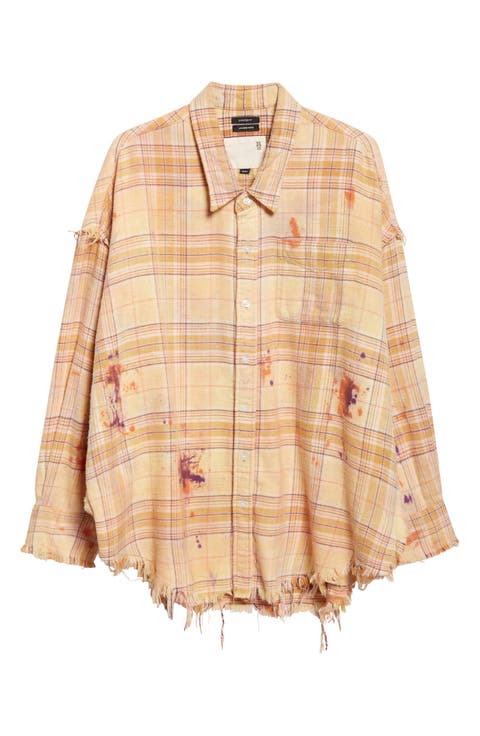 Shredded Seam Drop Neck Plaid Flannel Button-Up Shirt