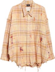 R13 Shredded Seam Drop Neck Plaid Flannel Button-Up Shirt