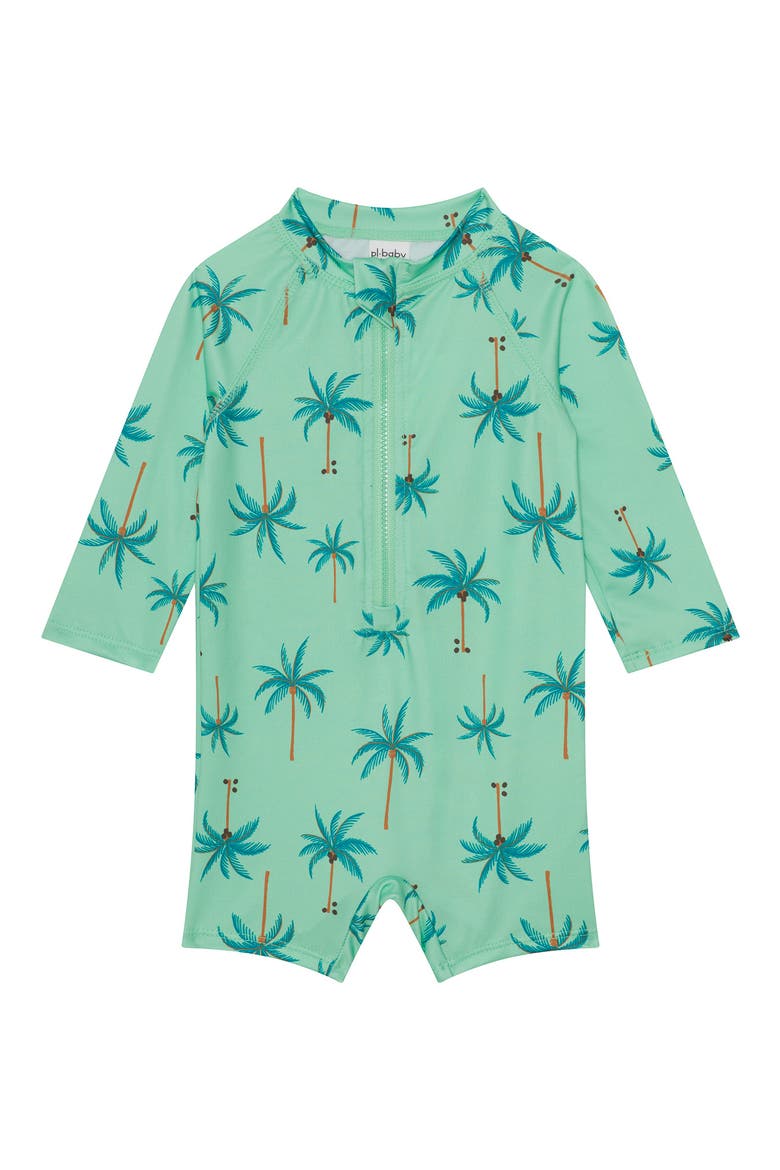 Long Sleeve One-Piece Rashguard Swimsuit & Hat Set, Alternate, color, PALMS