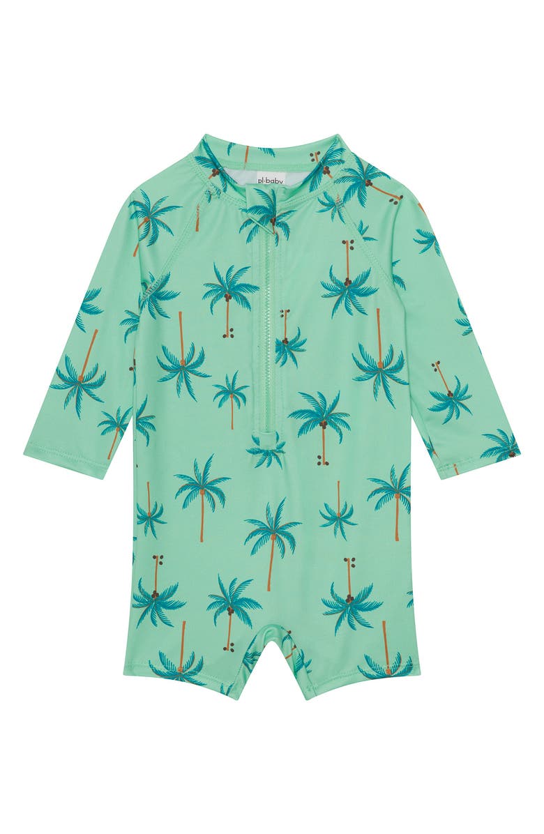 PL Baby by Petit Lem Long Sleeve One-Piece Rashguard Swimsuit & Hat Set, Alternate, color, Palms