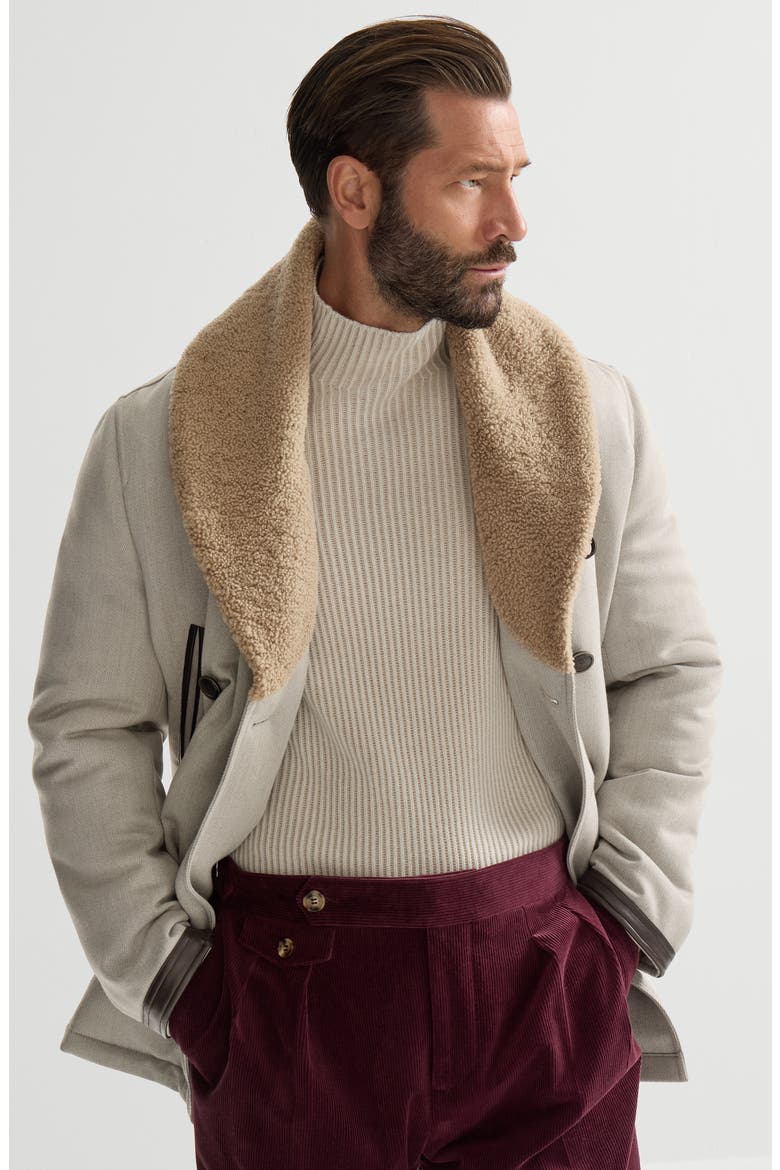 Wool and cashmere cavalry coat with thermore® padding and shearling collar, Alternate, color, Grey