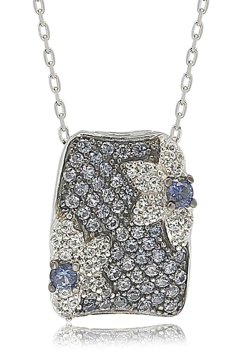 Sterling Silver Blue Sapphire, Lab Created White Sapphire, & Brown Diamond Floral Pendant Necklace, Main, color, BLUE