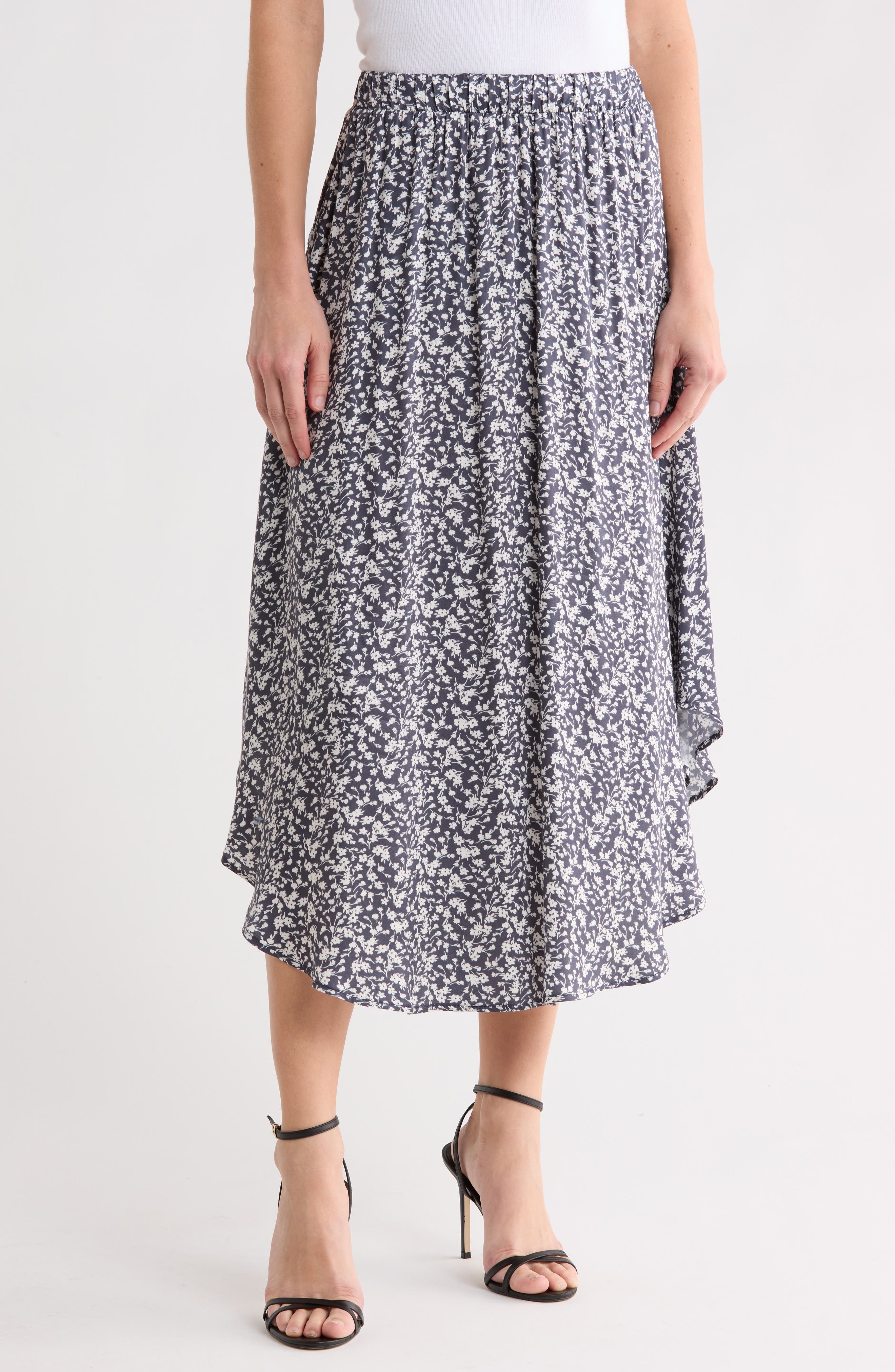 Floral Handkerchief Hem Midi Skirt
