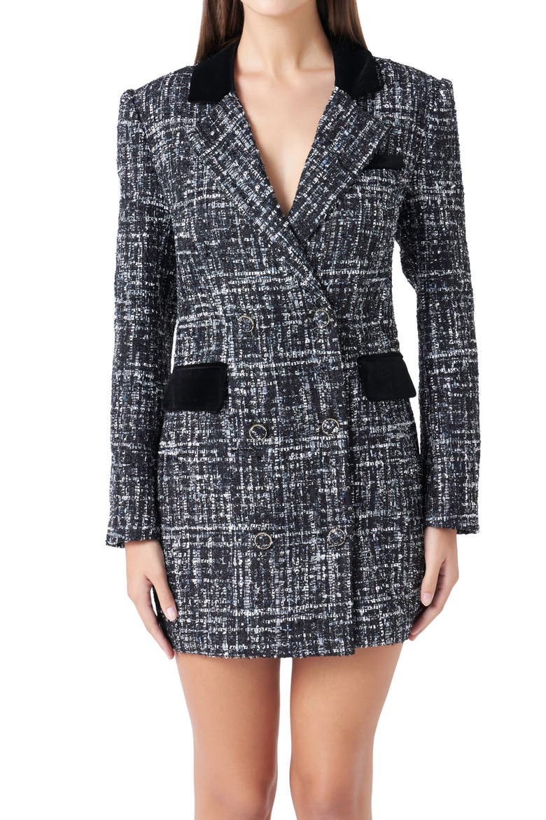 Long Sleeve Tweed Blazer Minidress, Alternate, color, BLACK