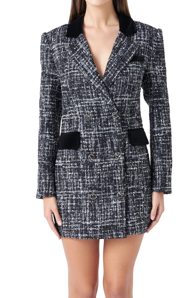 Endless Rose Long Sleeve Tweed Blazer Minidress, Alternate, color, Black