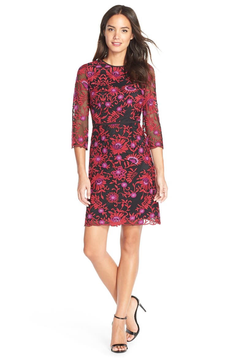 Embroidered Mesh Fit & Flare Dress, Main, color, RED MULTI
