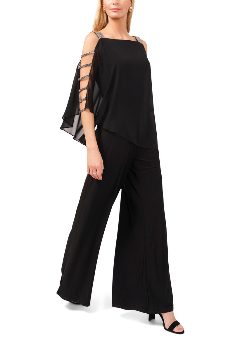 Rhinestone Trim Overlay Jumpsuit, Main, color, BLACK/ GUNMETAL