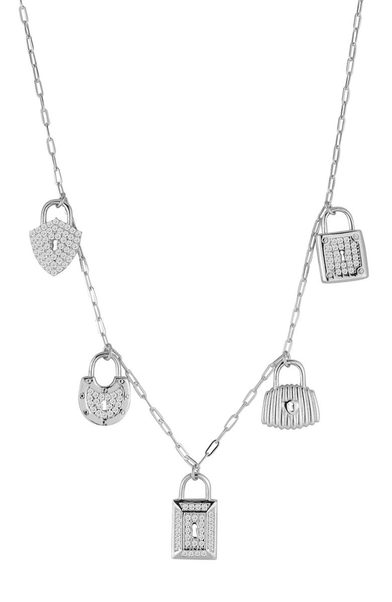 SPHERA MILANO Cubic Zirconia Padlock Station Necklace, Main, color, Silver