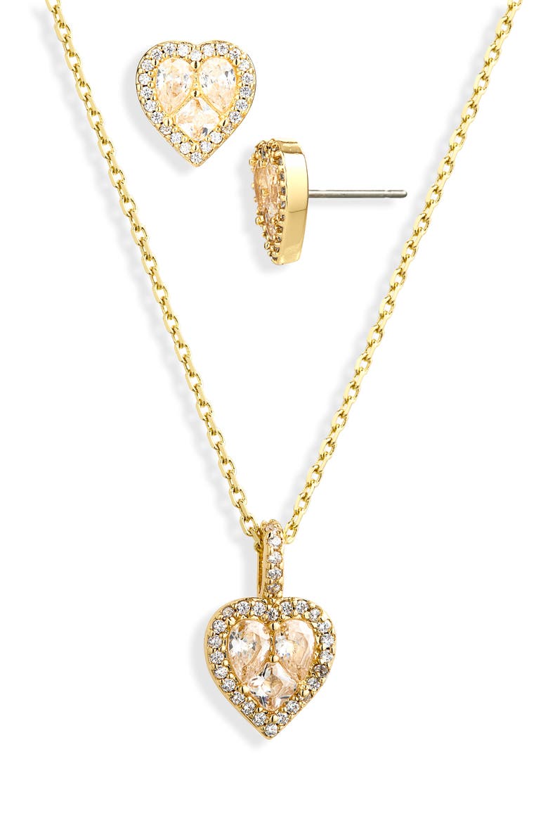 spell it out cubic zirconia heart pendant necklace & stud earrings set, Alternate, color, CLEAR/ GOLD