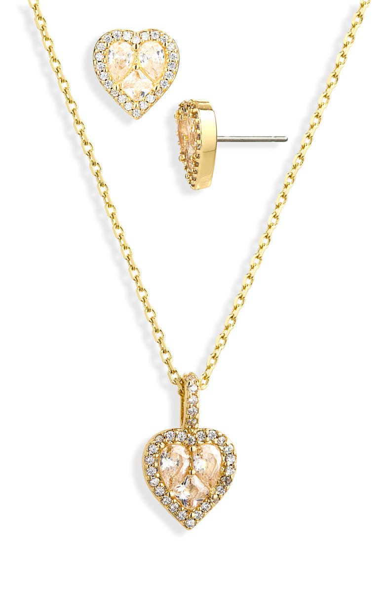 Kate Spade New York spell it out cubic zirconia heart pendant necklace & stud earrings set, Alternate, color, Clear/ Gold
